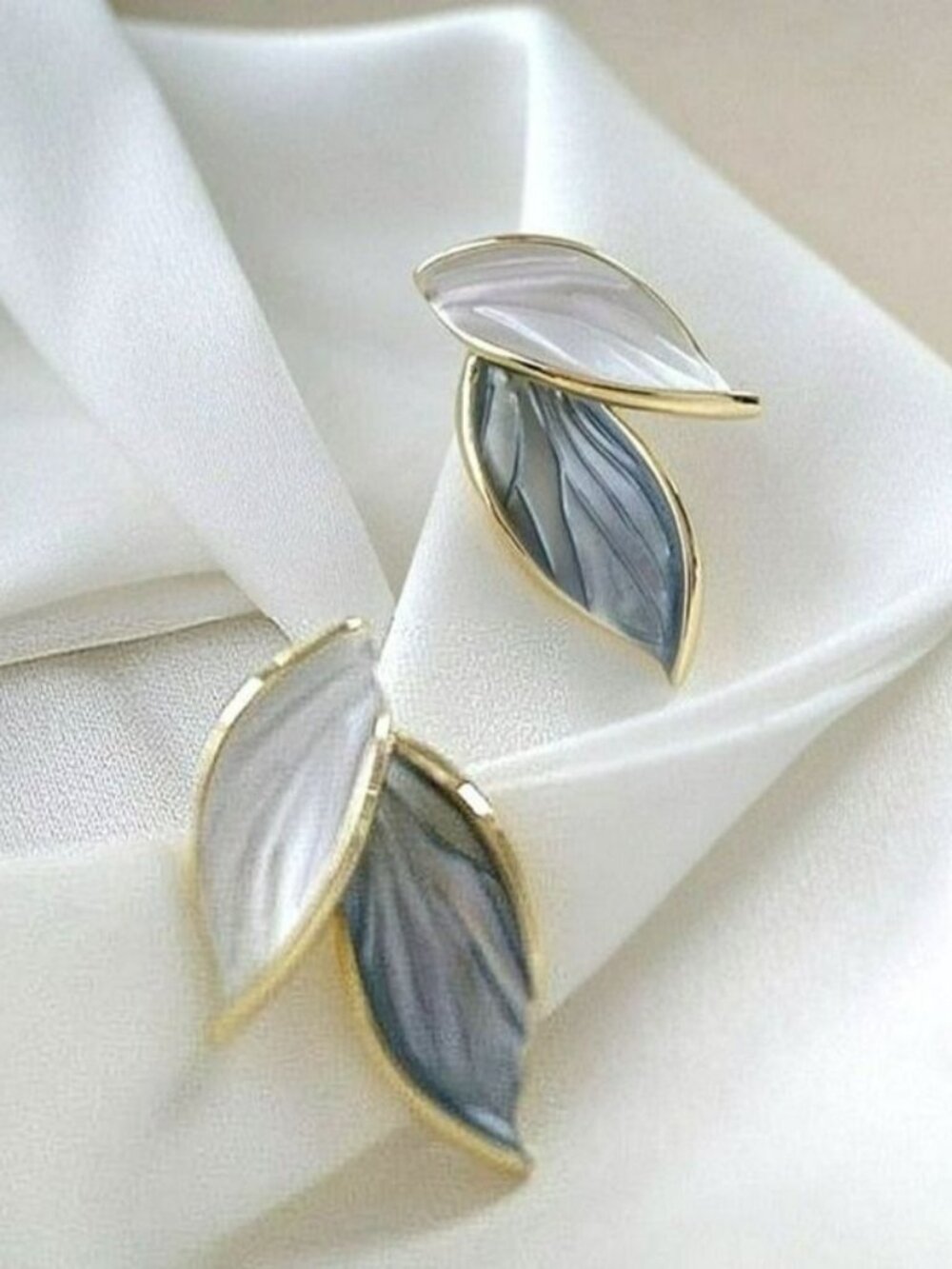 Natalie Elyse Leaf Earrings in Soft Blue and Creamy White on Gold Gift Packaged